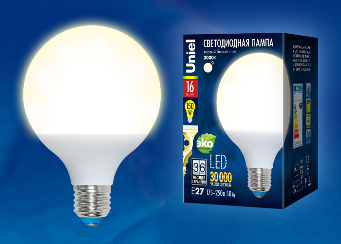 Лампа светодиодная (UL-00000775) Uniel E27 16W 3000K матовая LED-G95-16W/WW/E27/FR PLP02WH в Санкт-Петербурге