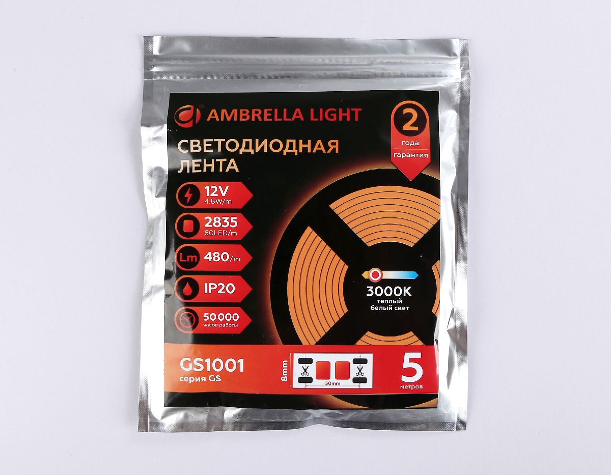 Светодиодная лента Ambrella Light LED Strip 12В 2835 4,8Вт/м 3000K 5м IP20 GS1001 в Санкт-Петербурге