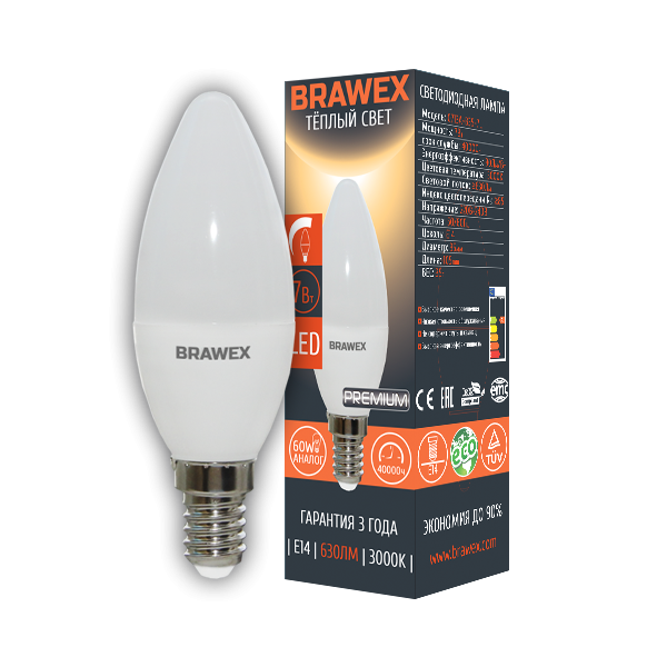 Лампа светодиодная Brawex свеча матовая E14 7Вт 3000K 0713A-B35-7L в Санкт-Петербурге