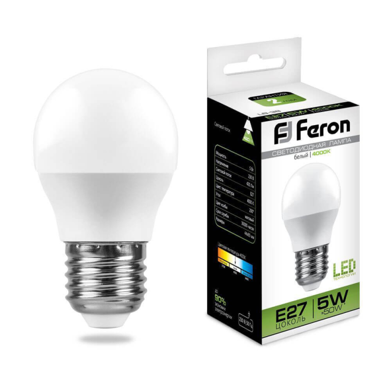 Лампа светодиодная Feron E27 5W 4000K Шар Матовая LB-38 25405 УЦ в Санкт-Петербурге