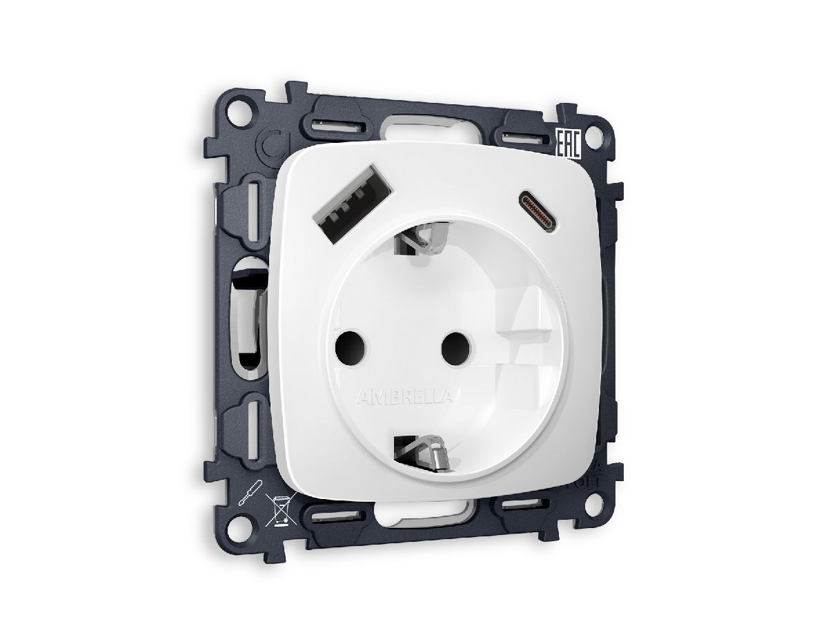 Комплект механизма розетки 2USB A+C 20W (быстрая зарядка) с/з Ambrella Volt Omega MO130010 в Санкт-Петербурге