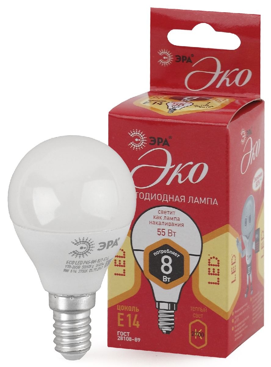 Лампа светодиодная Эра E14 8W 2700K ECO LED P45-8W-827-E14 Б0030022 в Санкт-Петербурге