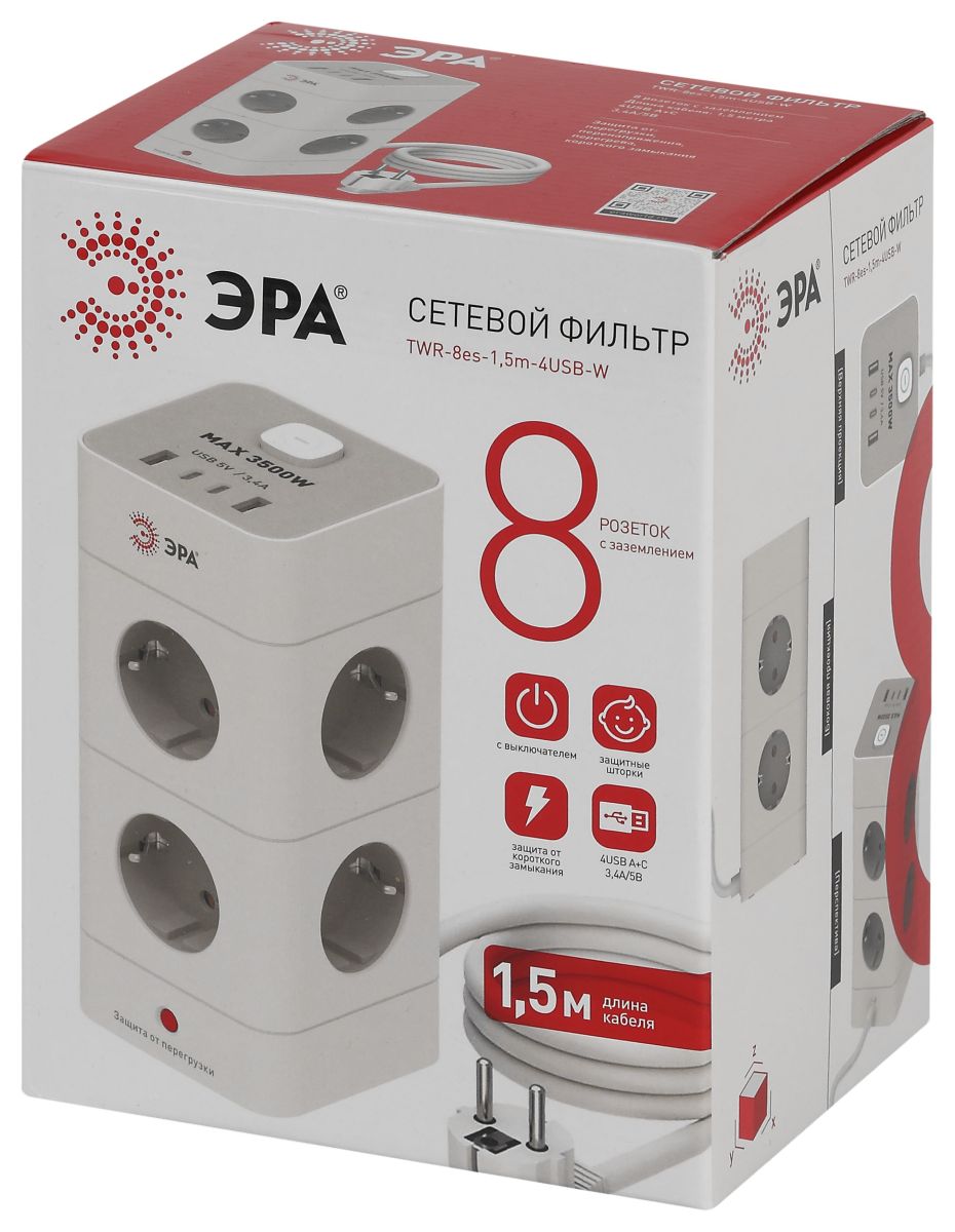 Сетевой фильтр ЭРА TWR-8es-1,5m-4USB-W башня с защитой заземлением с выключателем 8 розеток+4xUSBA+C 1,5м 16А белый Б0069071 в Санкт-Петербурге
