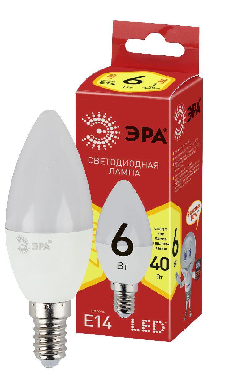 Лампа светодиодная Эра E14 6W 2700K ECO LED B35-6W-827-E14 Б0020618 в #REGION_NAME_DECLINE_PP#