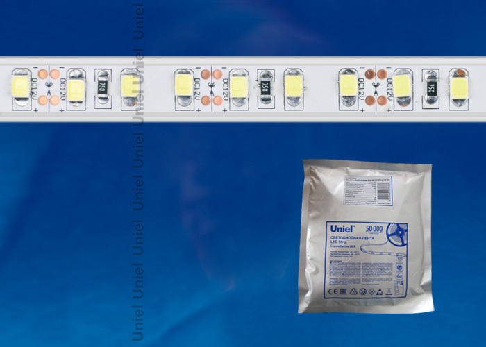 Светодиодная влагозащищенная лента Uniel (11044) 19,2W/m 120LED/m 2835SMD холодный белый 5M ULS-2835-120LED/m-10mm-IP68-DC12V-19,2W/m-5M-DW в Санкт-Петербурге