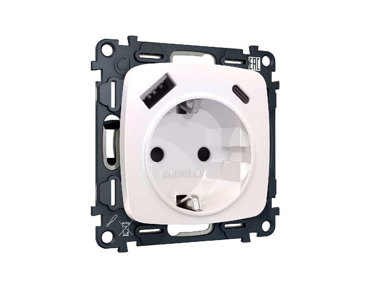 Комплект механизма розетки 2USB A+C 20W (быстрая зарядка) с/з Ambrella Volt Omega MO210010 в Санкт-Петербурге
