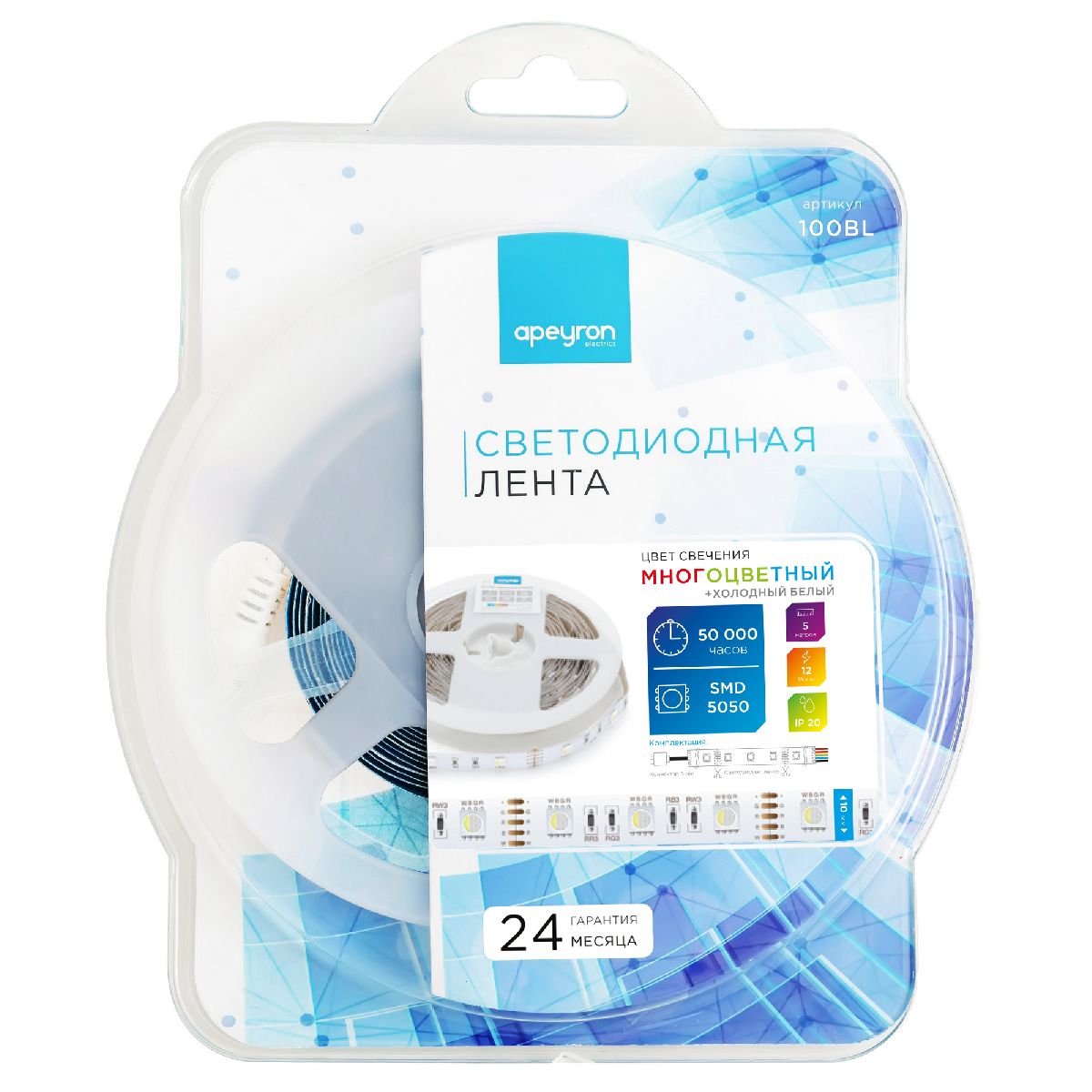 Светодиодная лента Apeyron 12В 7,2Вт/м smd5050 30д/м IP20 360Лм/м 5м RGBW 100BL в Санкт-Петербурге