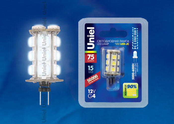 Лампа светодиодная (03973) Uniel G4 0,9W 6500K прозрачная LED-JC-12/0,9W/DW/G4 75lm в #REGION_NAME_DECLINE_PP#