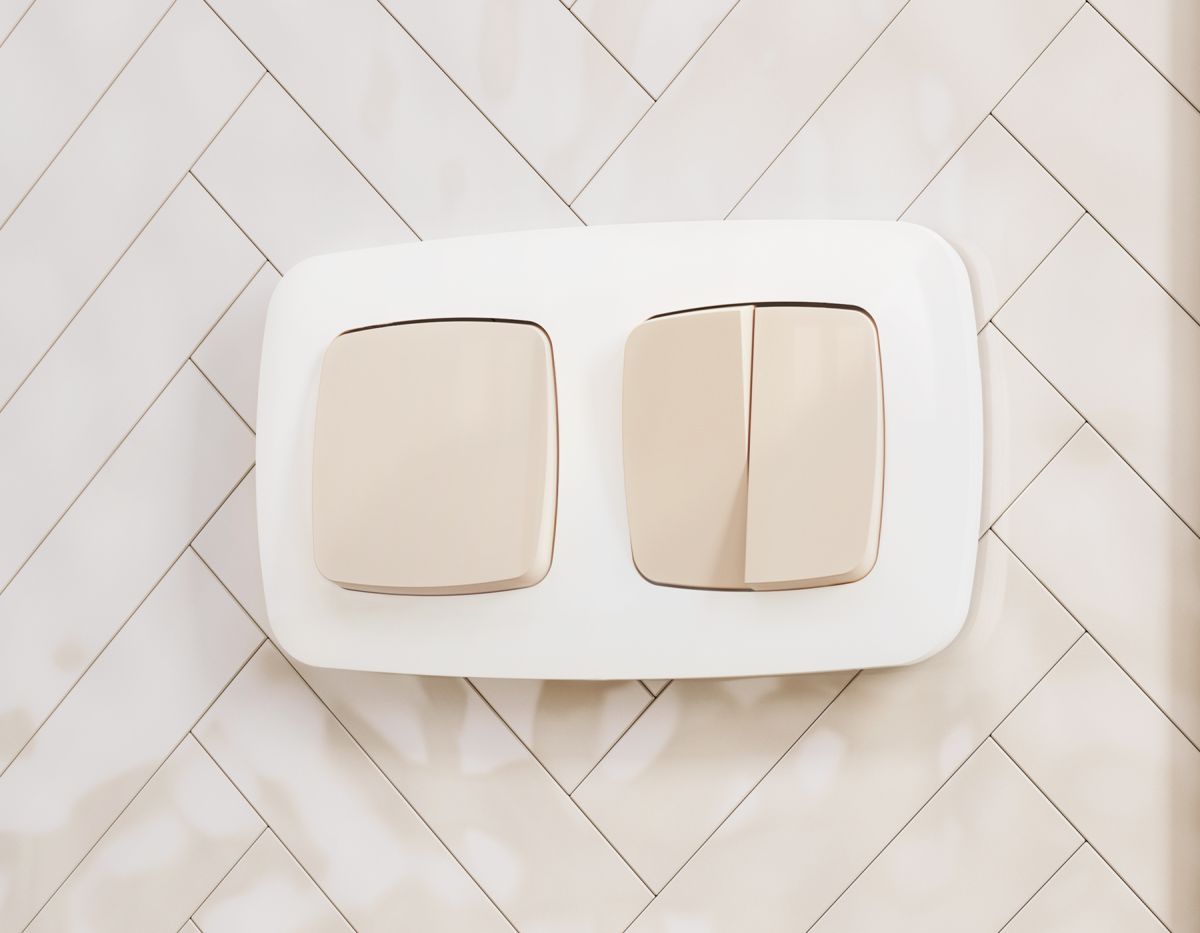 Комплект механизма 2-клавишного перекрестного выключателя Ambrella Volt 10A-250V OMEGA MO303030 Бежевый глянец QUANT (OP3030, VM125) в Санкт-Петербурге