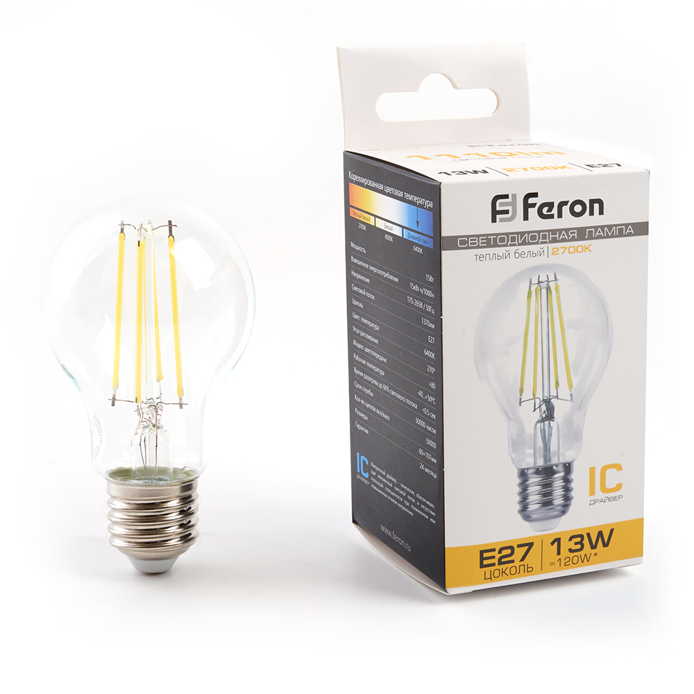 Лампа светодиодная филаментная Feron E27 13W 2700K груша прозрачная LB-613 38239 в #REGION_NAME_DECLINE_PP#