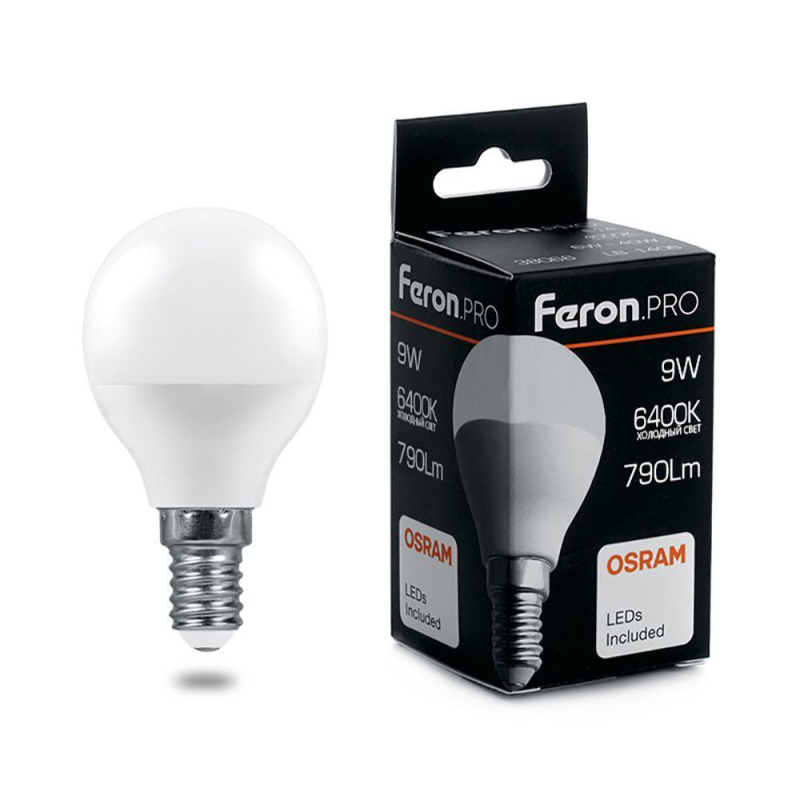 Лампа светодиодная Feron Pro E14 9W 6400K шар матовый LB-1409 38079 в #REGION_NAME_DECLINE_PP#