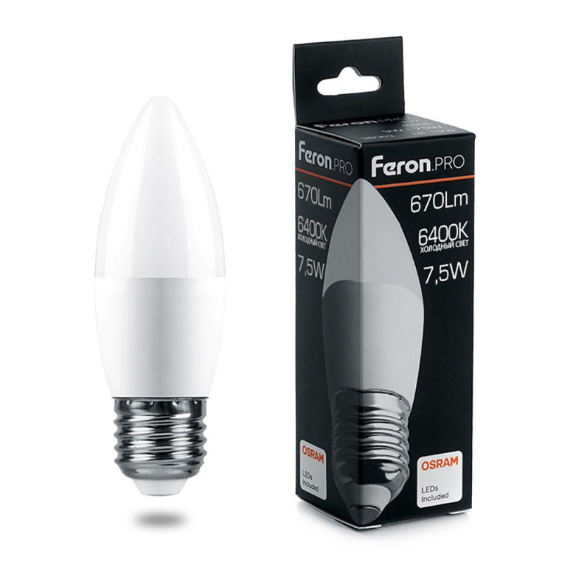 Лампа светодиодная Feron Pro E27 7,5W 6400K свеча матовая LB-1307 38058 в #REGION_NAME_DECLINE_PP#
