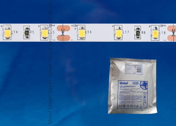 Светодиодная лента Uniel (UL-00000873) 9,6W/m 60LED/m 2835SMD белый 5M ULS-2835-60LED/m-8mm-IP20-DC12V-9,6W/m-5M-W в Санкт-Петербурге
