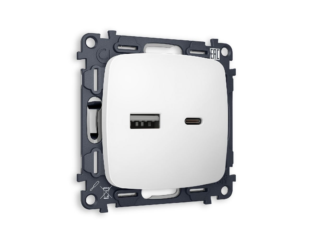 Комплект механизма розетки 2USB A+C 20W (быстрая зарядка) Ambrella Volt Omega MO131010 в Санкт-Петербурге