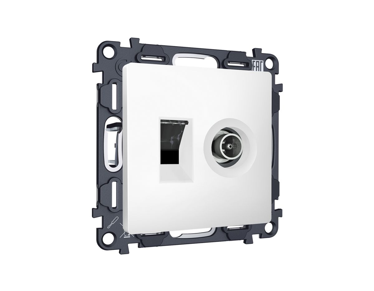 Комплект механизма розетки компьютерной + TV оконечной RJ-45 с автоматической защитной шторкой Alfa Белый матовый Quant Ambrella Volt MA132510 (AP1325, VM195) в Санкт-Петербурге