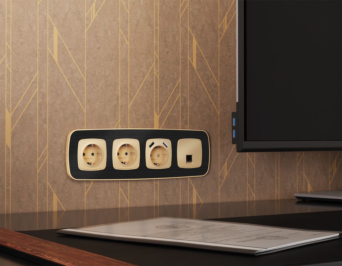 Комплект механизма компьютерной розетки Ambrella Volt RJ-45 (8P8C) CAT6A экранированной с автоматической защитной шторкой OMEGA MO612005 Шампань QUANT (OP6120, VM185) в Санкт-Петербурге