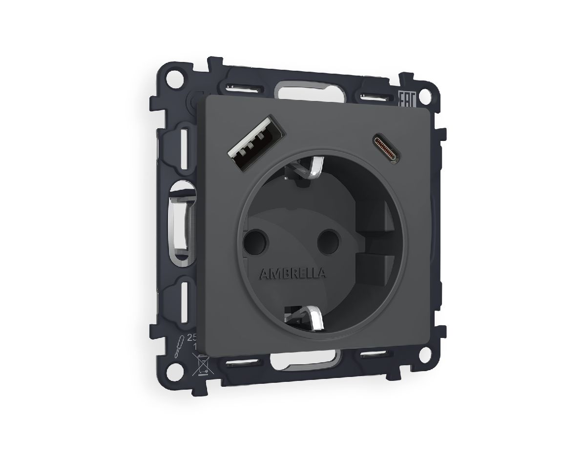 Комплект механизма розетки 2USB A+C 20W (быстрая зарядка) с/з Ambrella Volt Alfa MA910010 в Санкт-Петербурге