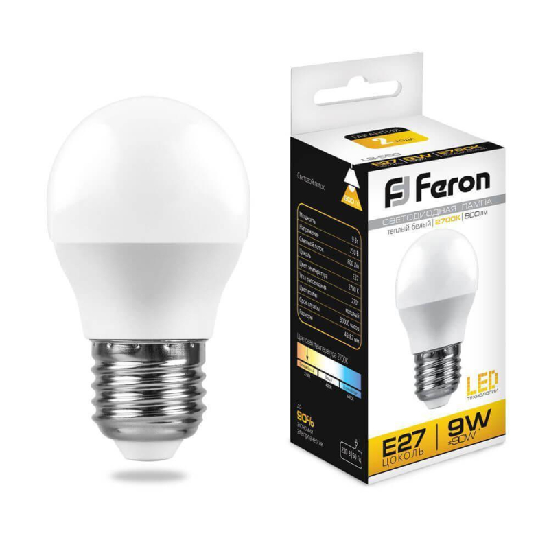 Лампа светодиодная Feron E27 9W 2700К Шар Матовая LB-550 25804 в #REGION_NAME_DECLINE_PP#