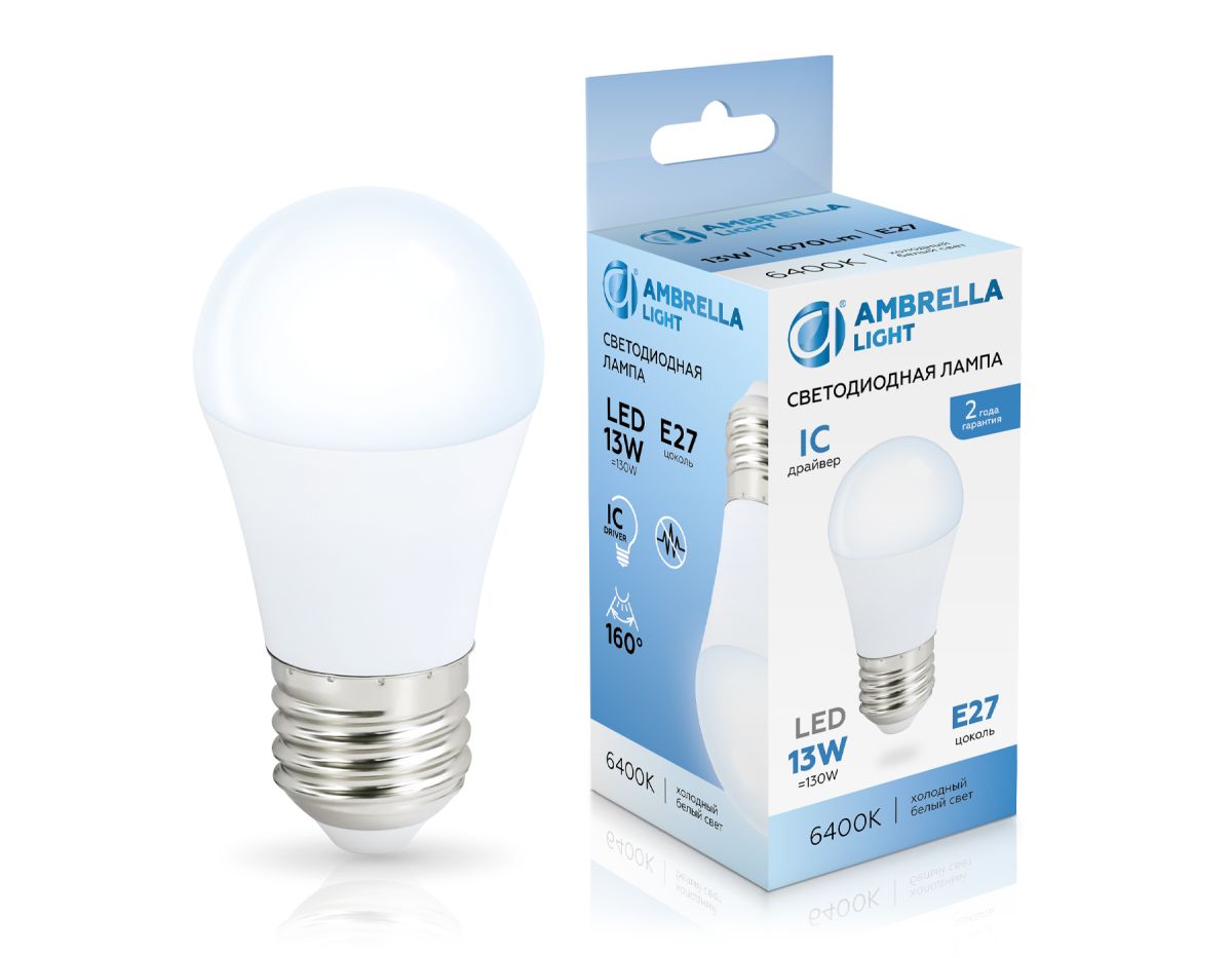 Светодиодная лампа Ambrella Light Bulbing E27 13W 6400K шар 451306 в Санкт-Петербурге