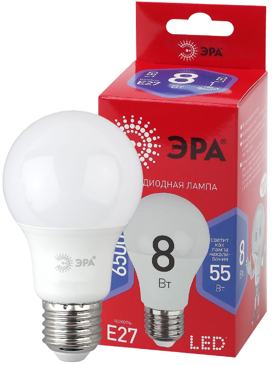 Лампа светодиодная Эра E27 8W 6500K LED A60-8W-865-E27 R Б0045323 в Санкт-Петербурге