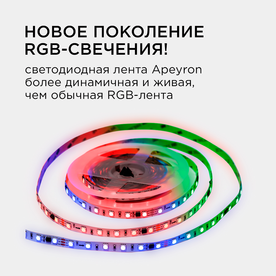 Комплект адресной светодиодной ленты Apeyron 24В 14,4Вт/м smd5050 60д/м IP20 5м RGB (адаптер питания, контроллер) 10-93 в Санкт-Петербурге