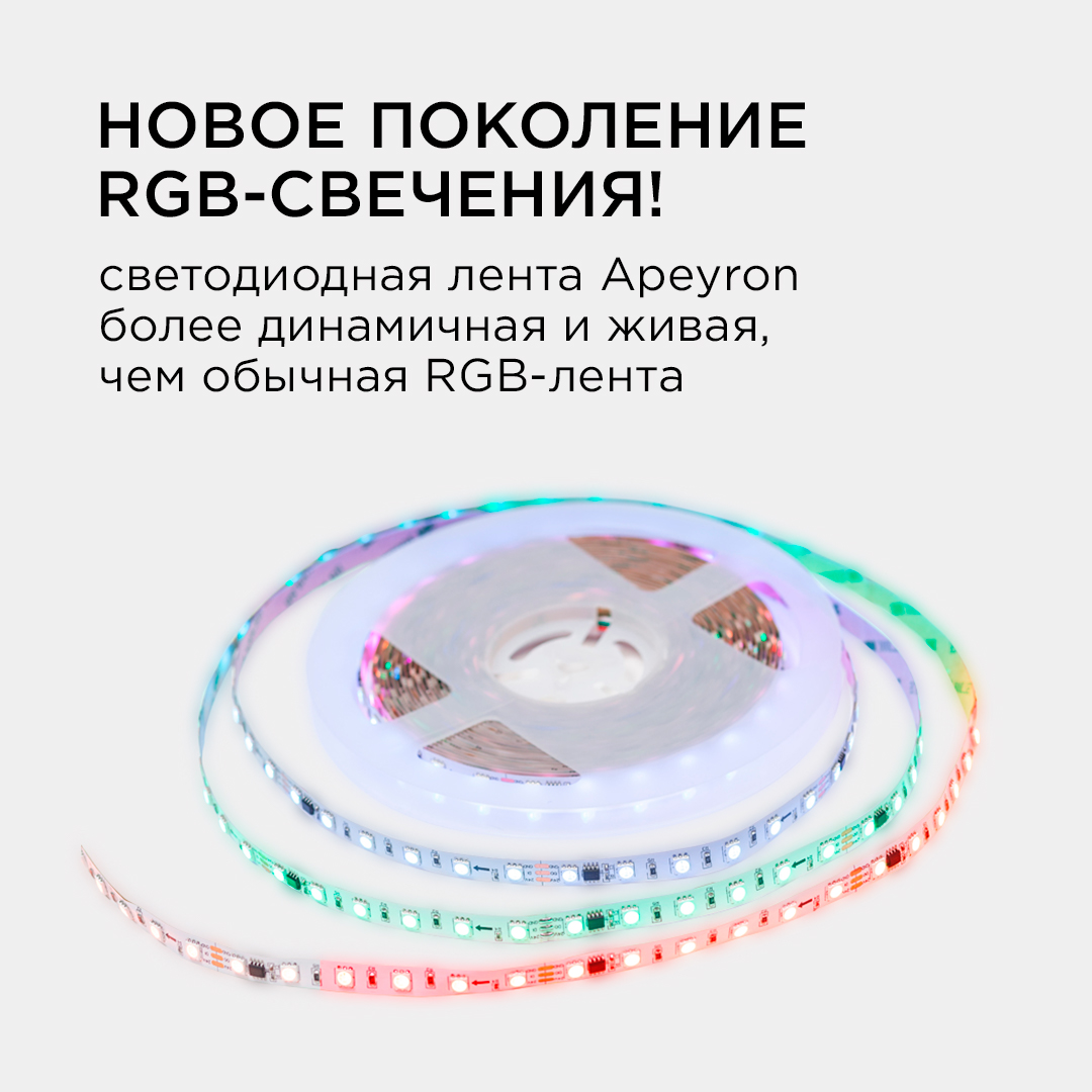 Комплект адресной светодиодной ленты Apeyron 24В 14,4Вт/м smd5050 60д/м IP20 10м RGB (адаптер питания, контроллер) 10-99 в Санкт-Петербурге