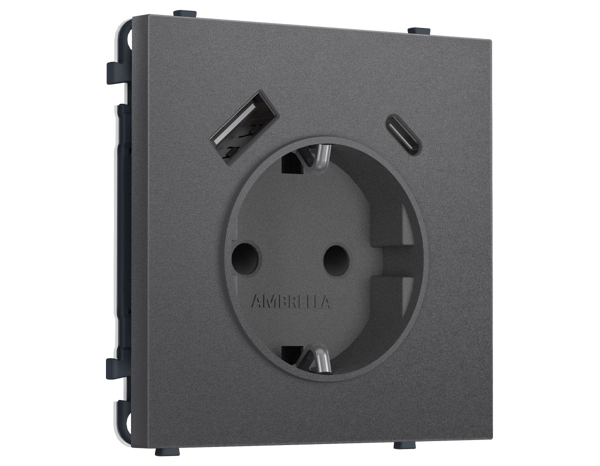 Комплект механизма электрической розетки SIGMA Антрацит серый 2USB A+C 20W Ambrella Volt MS660010 (SP6600, PR160) в #REGION_NAME_DECLINE_PP#