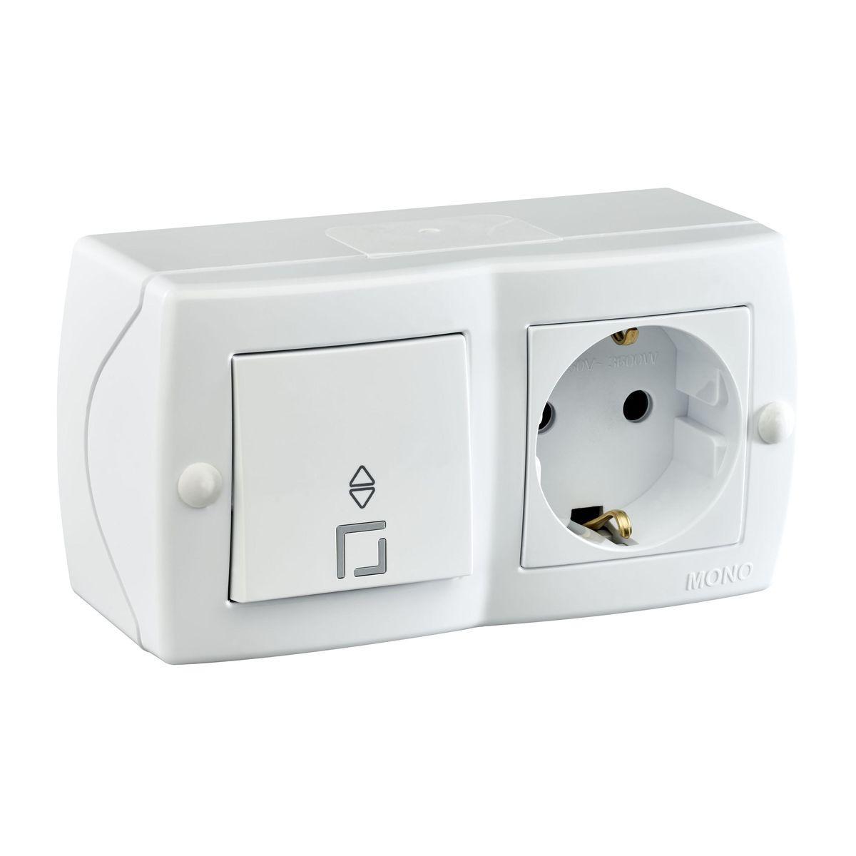 Выключатель одноклавишный проходной + розетка с заземлением Mono Electric Octans IP20 10А 250В белый 104-010101-186 в Санкт-Петербурге