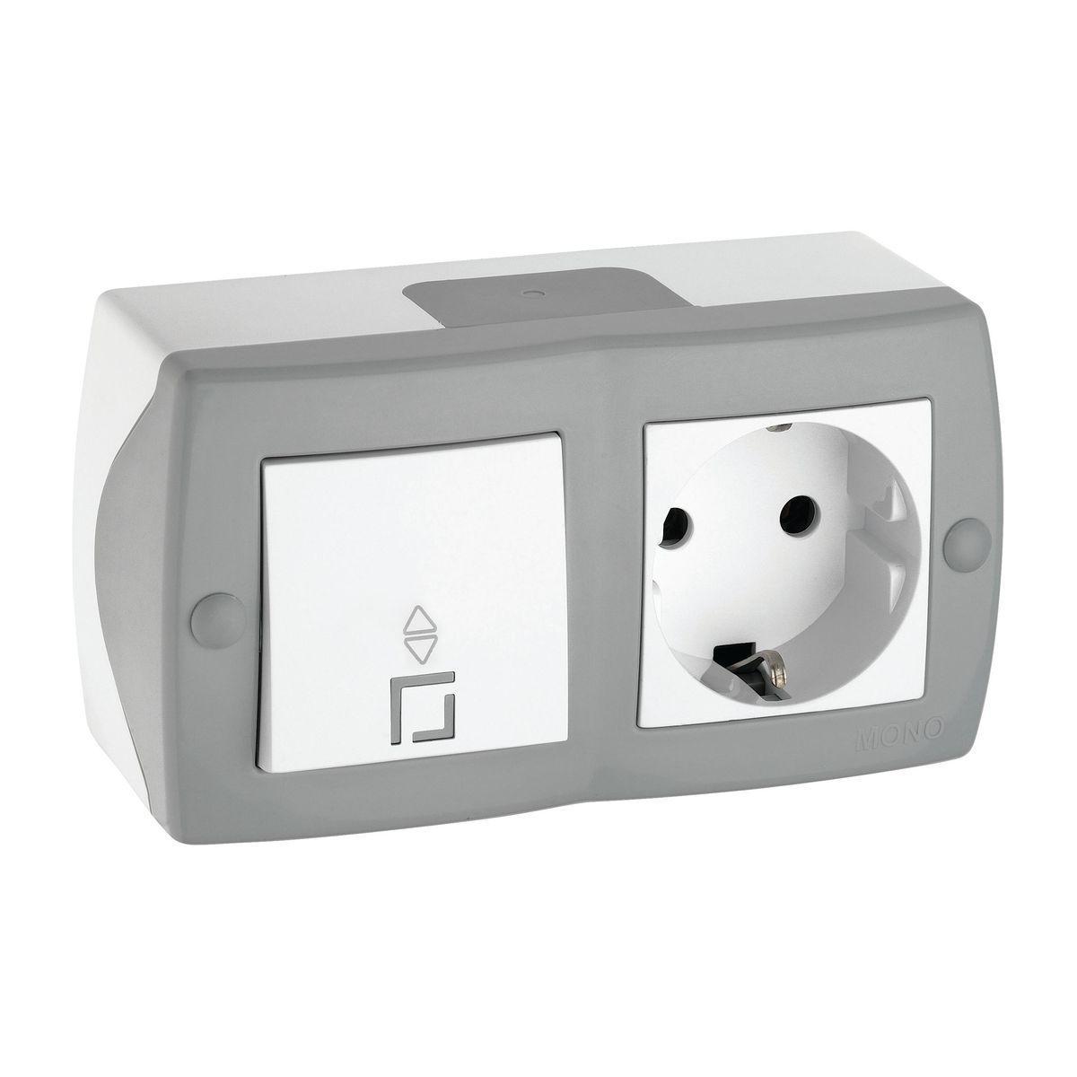 Выключатель одноклавишный проходной + розетка с заземлением Mono Electric Octans IP20 10А 250В бело-серый 104-020001-186 в Санкт-Петербурге