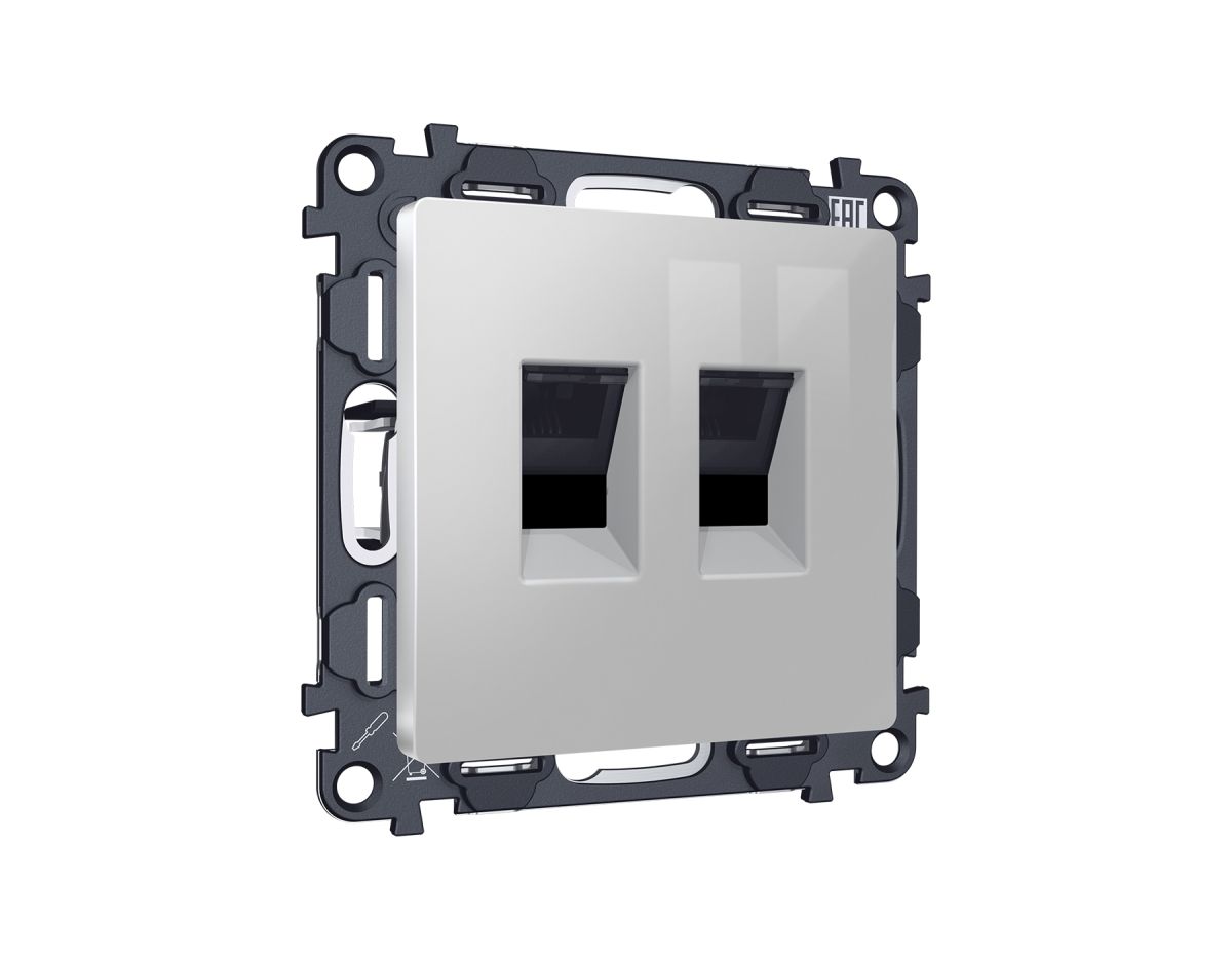 Комплект механизма компьютерной двойной розетки RJ-45 Ambrella Volt MA412110 (8P8C) CAT6 с автоматической защитной шторкой Alfa Серебро глянец Quant в #REGION_NAME_DECLINE_PP#