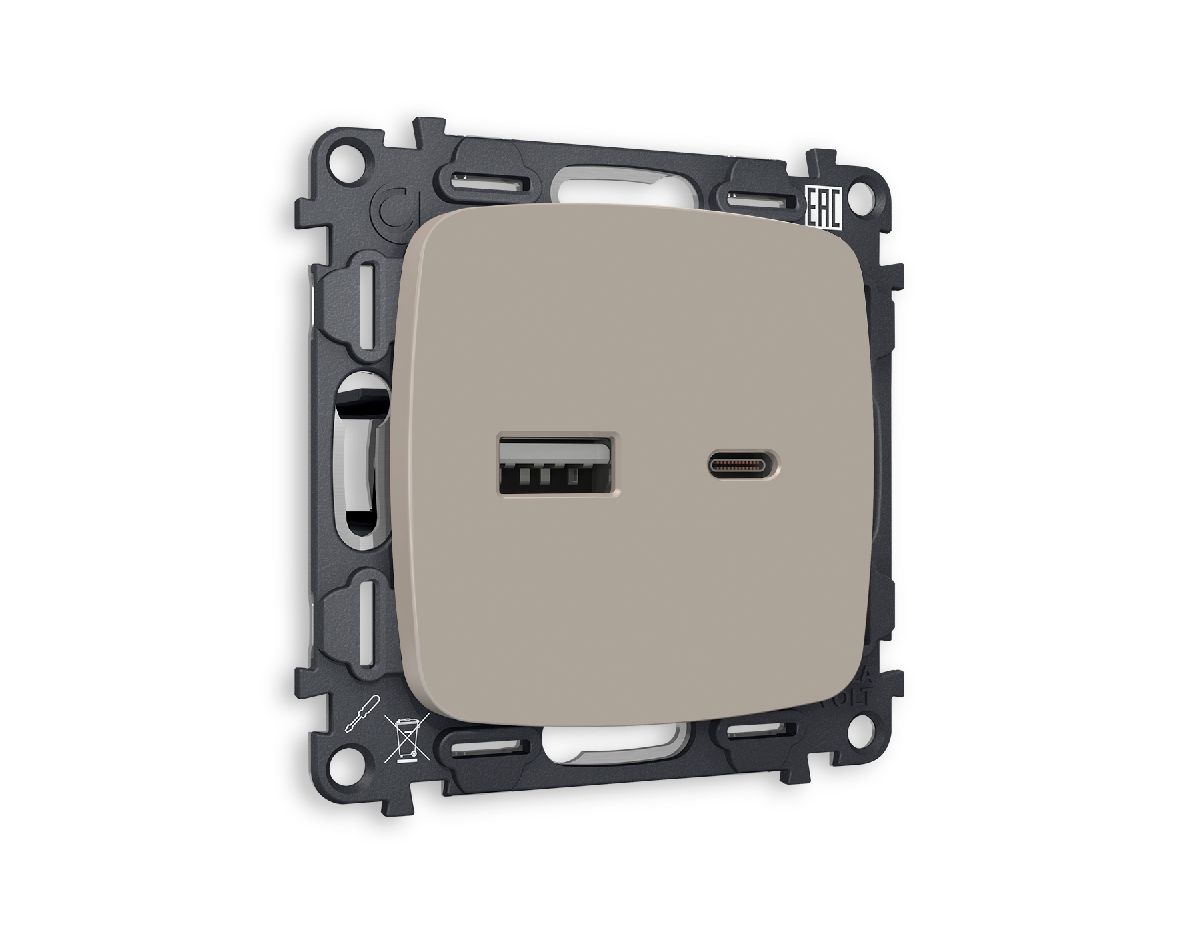 Комплект механизма розетки 2USB A+C 20W (быстрая зарядка) Ambrella Volt Omega MO371010 в Санкт-Петербурге
