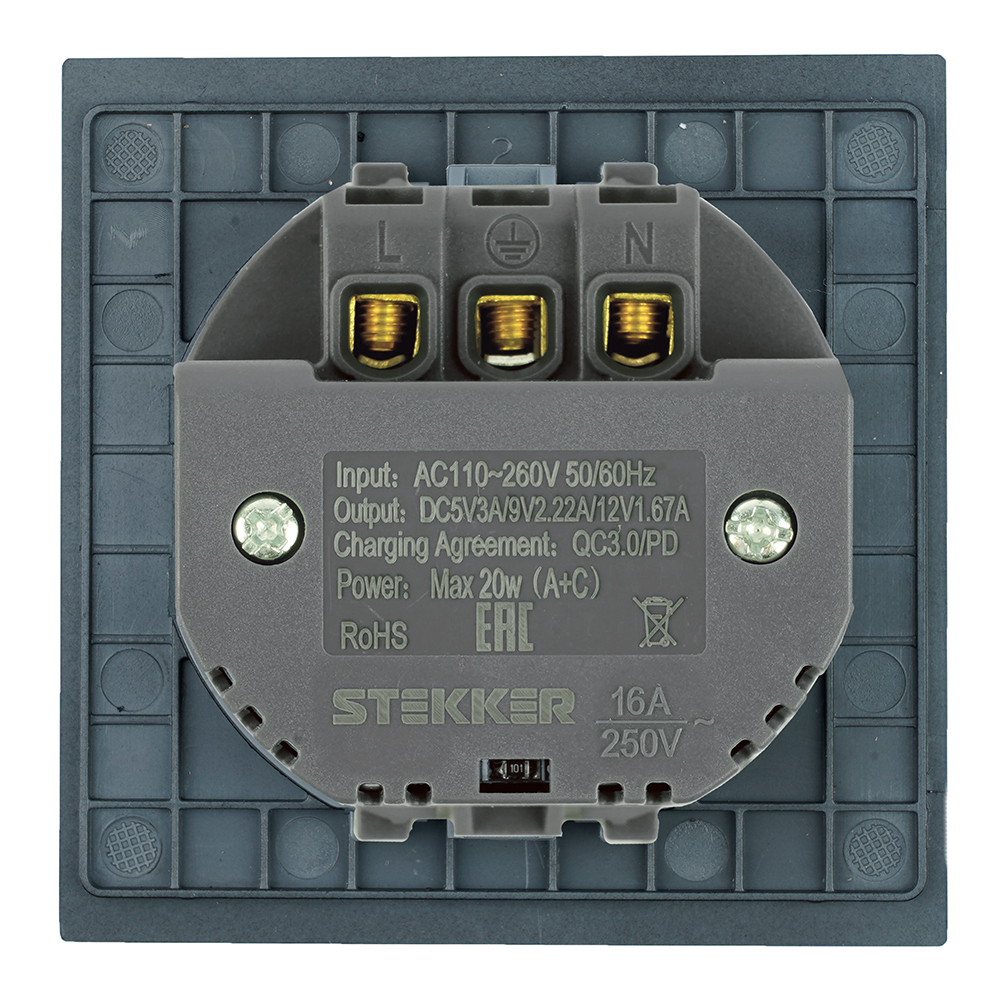 Розетка 1-местная з/ш с/з 16А + USB + Type C (механизм) Stekker Мия 250В 20W RST16-3119-05 черный бархат 50452 в #REGION_NAME_DECLINE_PP#