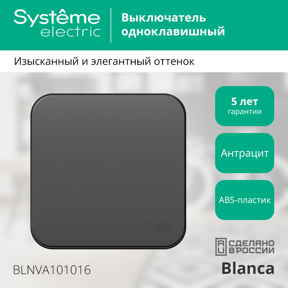 Выключатель 1-клавишный 10А 250B изолир. Пластина Systeme Electric Blanca наруж Антрацит BLNVA101016 в Санкт-Петербурге
