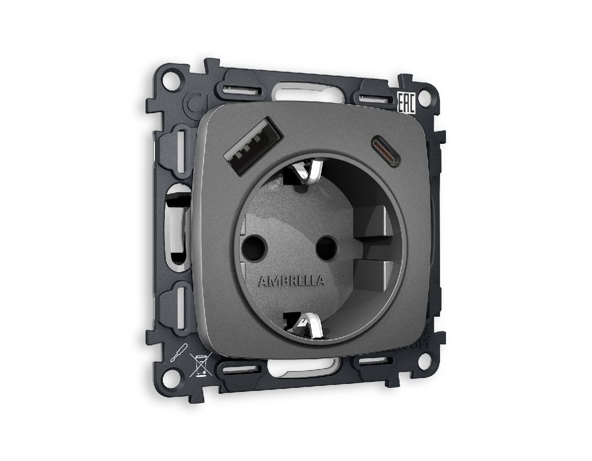 Комплект механизма розетки 2USB A+C 20W (быстрая зарядка) с/з Ambrella Volt Omega MO660010 в Санкт-Петербурге