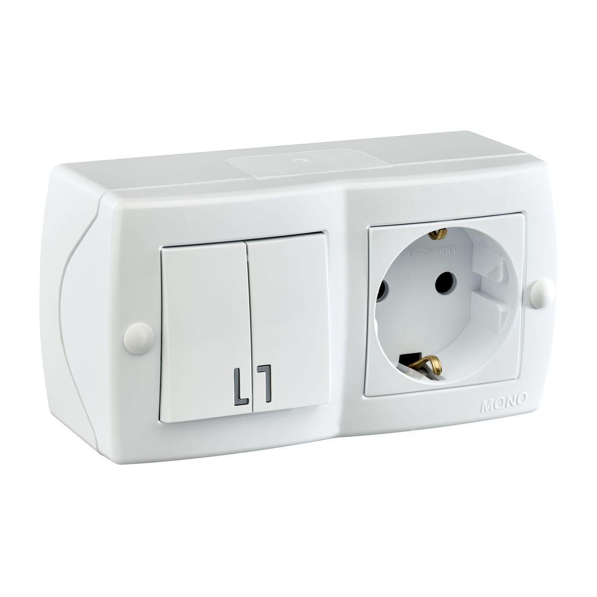 Выключатель двухклавишная + розетка с заземлением Mono Electric Octans IP20 10А 250В белый 104-010101-181 в Санкт-Петербурге