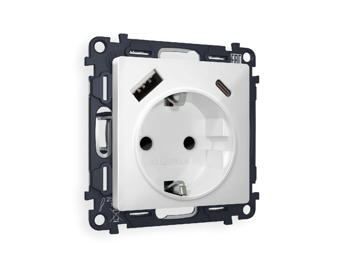 Комплект механизма розетки 2USB A+C 20W (быстрая зарядка) с/з Ambrella Volt Alfa MA130010 в Санкт-Петербурге