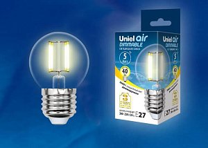 Лампа светодиодная филаментная (UL-00002868) Uniel E27 5W 3000K LED-G45-5W/WW/E27/CL/DIM GLA01TR