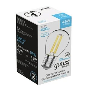 Лампа светодиодная филаментная Gauss E27 4,5W 4100К прозрачная 1051215