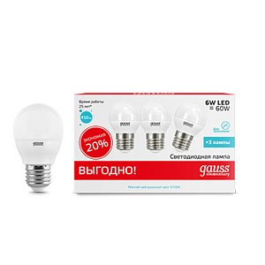 Лампа cветодиодная Gauss E27 6W 4100K шар матовый 53226T